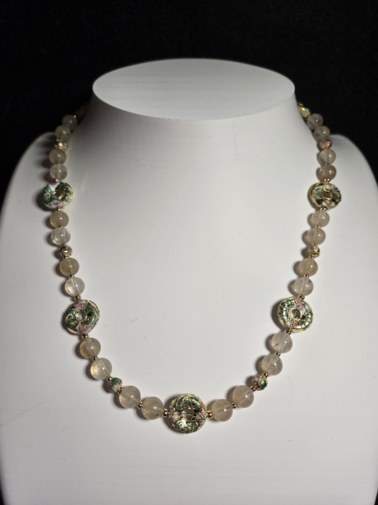 Artisan Jewelry - Gold Rutilated Quartz And Cloisonne Necklace And Earring Set
